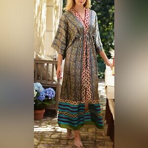 Soft Surroundings St Croix Mixed Pattern Caftan Resort Maxi Dress,Lg, Multicolor